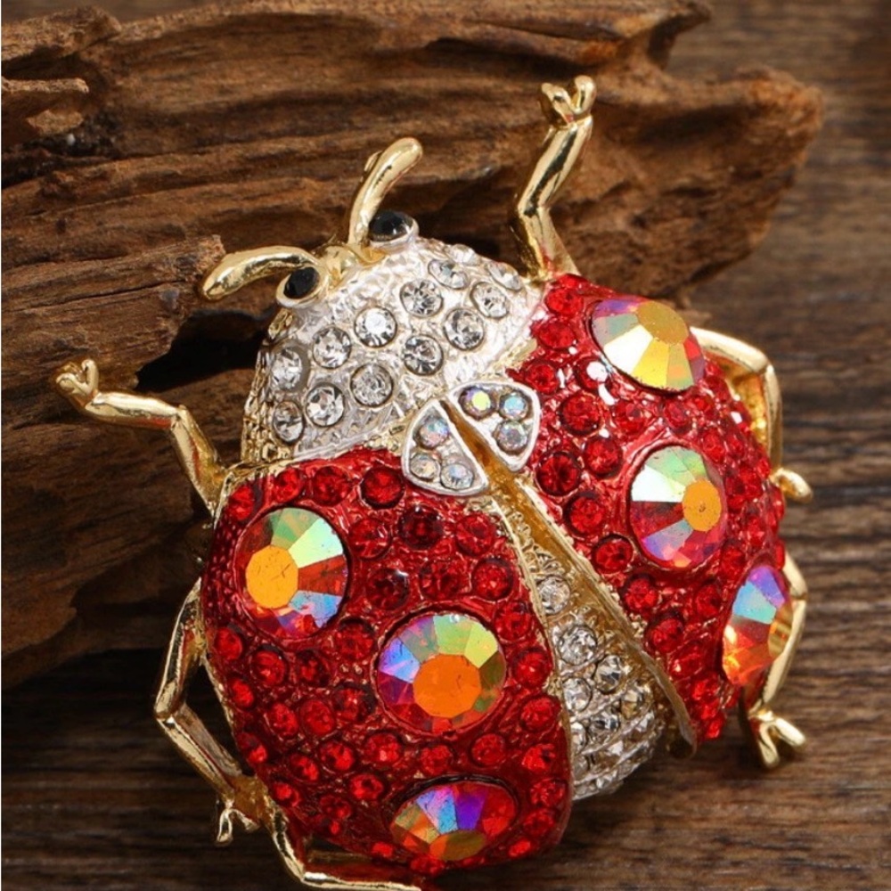 Charming Crystal Ladybug Brooch in Red and Gold